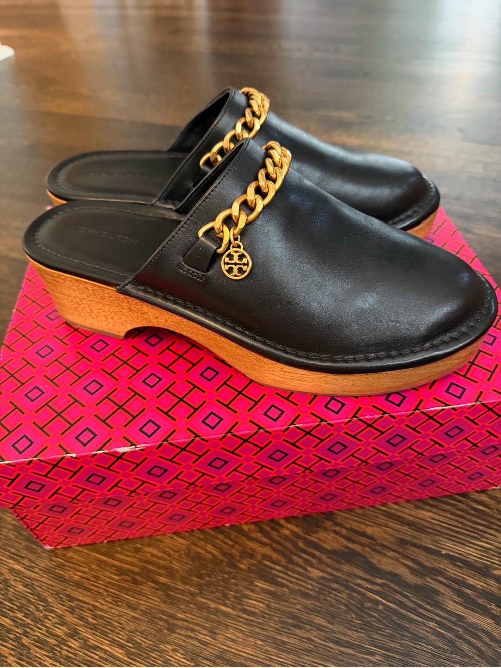 Tory Burch Black Leather Chain-Trim Clog Mules